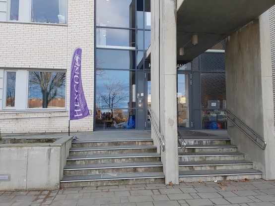 Inngangspartiet til Rosenborg skole, et noksÃ¥ moderne bygg i lys murstein. Et lilla banner (beachflagg) med "Hexcon" vaier i vinden.