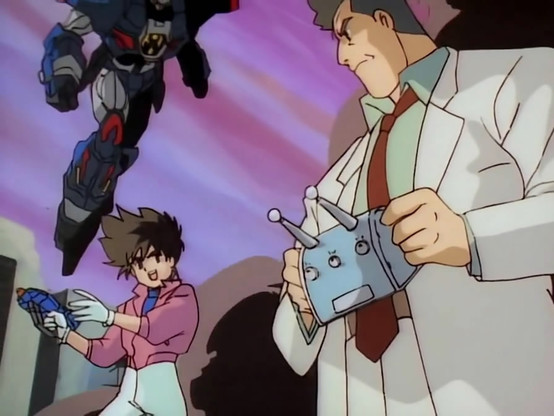 the human characters, and a scientist, the scientist holding a machine, the kid a laser pistol, the blue robot is floating in the air above them, the sky is purple and pink tones, light, the boy is wearing white gloves, a blue undershirt, a red jacket, and white pants, the scientist is in a white lab coat, there is smoke rising up behind them