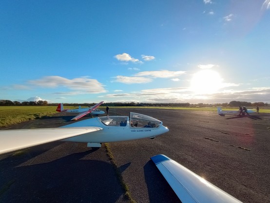 Three gliders sit on the runway in the low evening sun