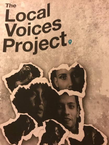 Front cover of Local Voices Project book, in black and white, with a collage of portraits  as if torn from photographs.