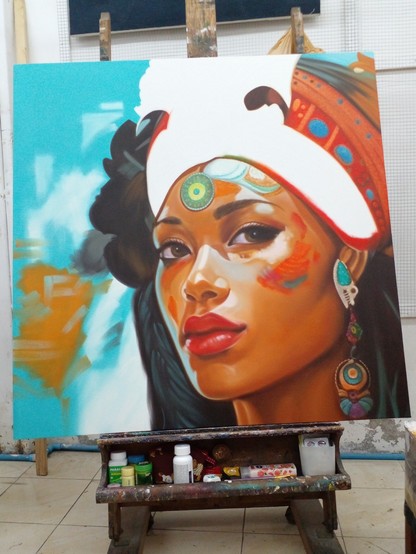 a painting of a woman from her neck up, looking at the viewer with pretty brown eyes, she has a colorful earring dangling, the background is aqua and dark naples yellow colored, she has some paint on her face, the center of the headdress is still blank white, not colored in yet