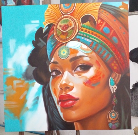 the painting, nearly finished, her headdressis big and colorful, lots of gold and blue and some green and red