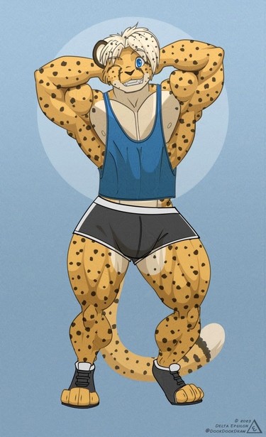 Furry art of my character Bakari. He is an anthropomorphic cheetah with a muscular build. He is posing for the viewer with his hands behind his head. He is wearing an athletic outfit that shows off his arms and legs.