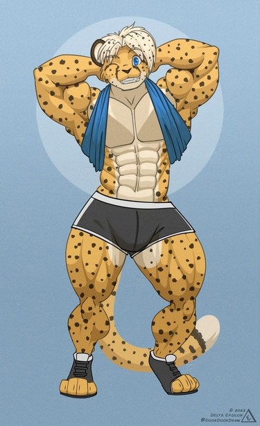 Furry art of my character Bakari. He is an anthropomorphic cheetah with a muscular build. He is posing for the viewer with his hands behind his head. He is wearing an athletic outfit with the bottom of the shirt pulled up behind his head to show off his upper body and legs.