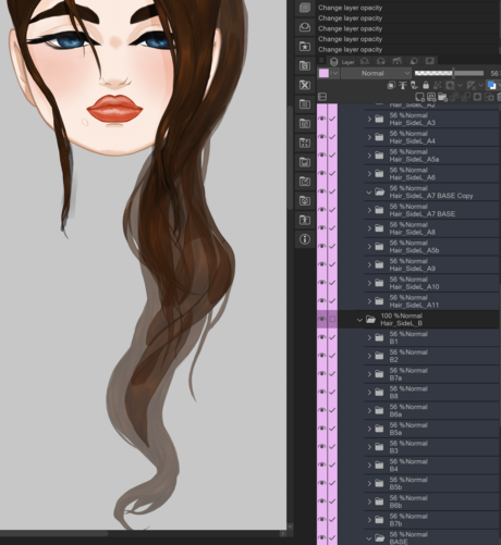 Screenshot of my Live2D WIP, showing just (entirely too many) hair layers