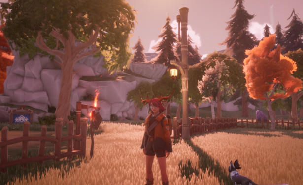 A screenshot of my character in Palia outside my house. My character has red hair, antlers, and is wearing an oversized sweater with red pandas on it. It is the evening and there are many trees in the background.