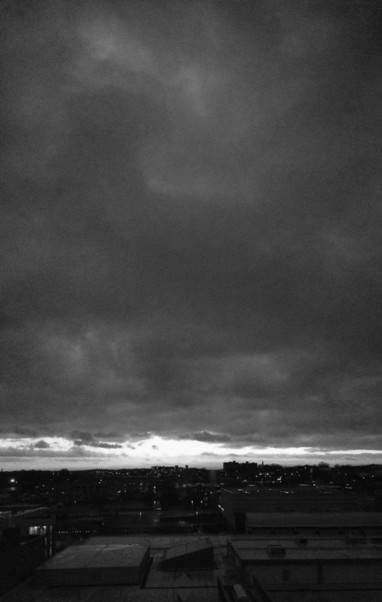 Black and white image of fall fading into winter, 10th floor view of a Northeast Ohio cityscape.