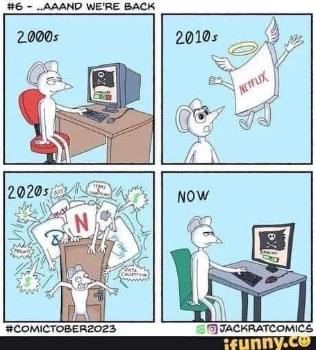 Un ratón descargaba películas piratas en el 2000, en el 2010 conoció Netflix y dejó de hacerlo, en 2020 la oferta de tantas plataformas de suscripción que además colectan datos lo saturaron, ahora volvió a la piratería