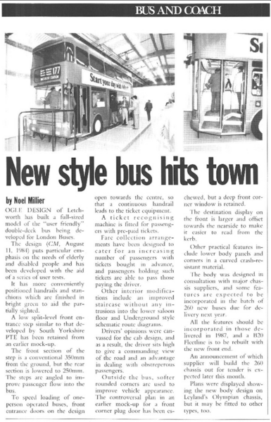 Clipping from Commercial Motor - 18th May 1985
"New Style Bus Hits Town"
https://archive.commercialmotor.com/article/18th-may-1985/23/news-e-bus-hits-town