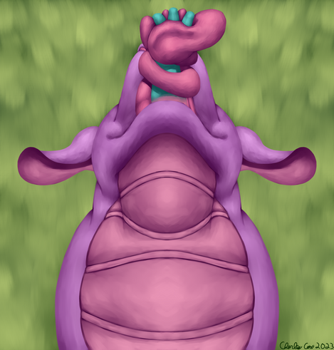 portrait of a purple dragon with their head tilted upwards. Their maw is slightly open with a blue dragon's hand reaching upwards.  The hand and arm is coiled by a long pink tongue and is being pulled downwards.  The neck of the purple dragon is stretched out with the blue dragon that is being swallowed out.  The throat plated stretched apart showing the skin between.
