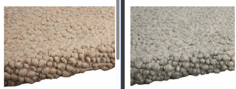 Side by side images showing parts of wool rugs of different colors: brown on the left, gray on the right.