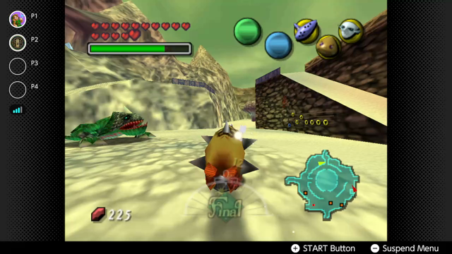 Goron Link zooming through a snowfield with spikes all over his body. As he is rolling, he makes contact with a dodongo's tail. The dodongo is taking damage. As he continues rolling, he is still making contact with a dodongo's tail. The dodongo is continually taking damage. Goron Link is pushing the dodongo further and further away from the snow area as he rolls. The dodongo has been defeated, and disappears, leaving behind a purple rupee worth 50 rupees. Goron Link is standing next to the rupee.