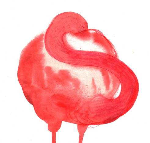 an image of the torso and head of a pink flamingo putting its head behind its wing, seen from the front, done in watercolor and a few lines of colored pencil