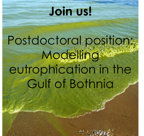 Text "Join us! Postdoctorla position: Modelling eutrophication in the Gulf of Bothnia". Background is a beach with green (eutrophic) water lapping at the shore.