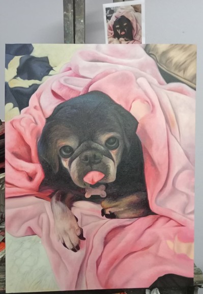 the dog painted in, his tongue sticking out