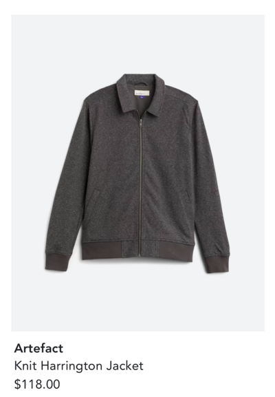 A screenshot from the clothing app, Stitch Fix, with an image of a zip-up sweater that's called the "Knit Harrington," just one letter different from the name of the Game of Thrones actor, Kit Harrington.