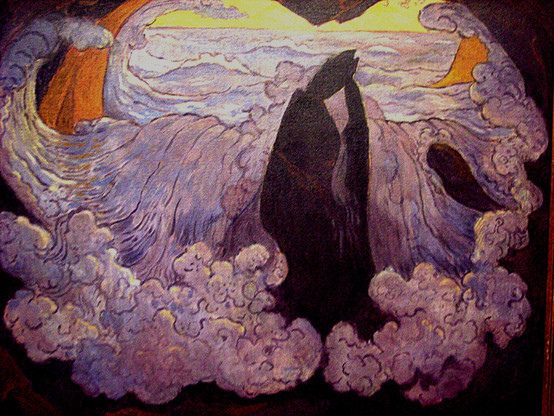 Impressionist painting of lilac violet wave breaking around a rock