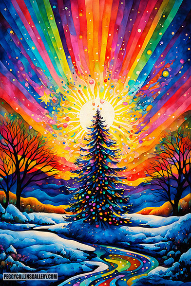 Colorful artwork of a decorated Christmas tree outdoors in winter, by artist Peggy Collins.