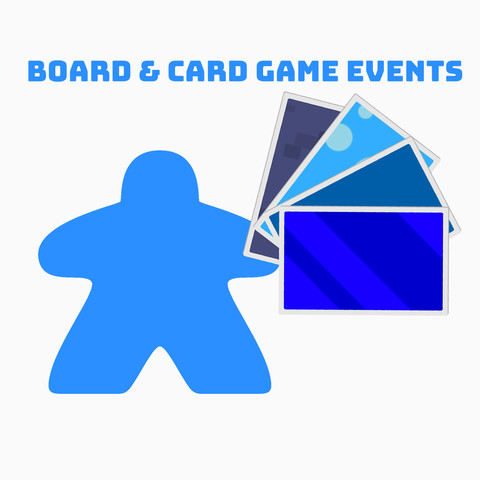Image shows a Meeple and Four Cards, with the caption "Board & Card Game Events"