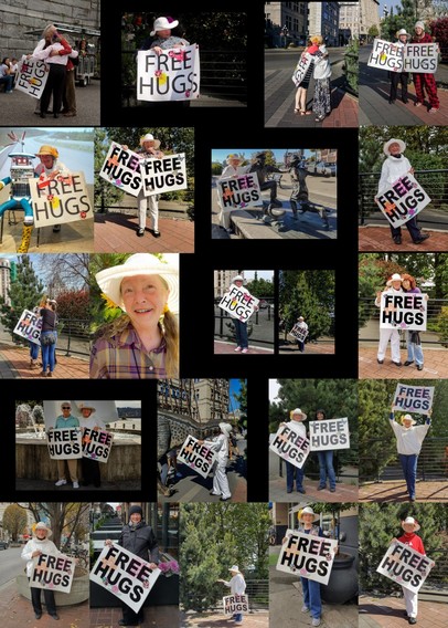 A montage of 21 images showing @tomarciamae at our various Free Hugs events. In 11 years we shared thousands of hugs, air hugs, handshakes, fist bumps, smiles, waves, stories and more with locals and visitors from (at least) 88 countries.