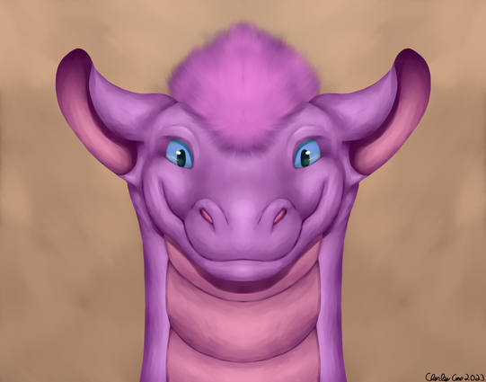 Forward facing portrait of a purple dragon with blue eyes smiling.