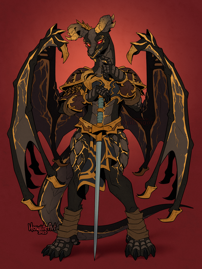 Digital art of a female black dracthyr, with red eyes and gold-glowing skin cracks along her skin. She is dressed in black and gold armor. One hand rests on the pommel of a sword, tip on the ground, while the other holds a finger up to her chin, a mischievous expression on her face.