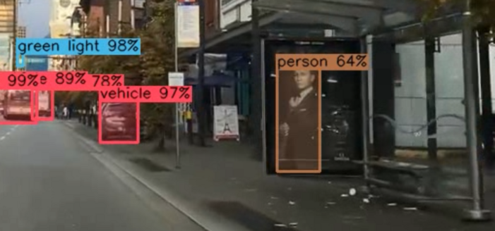 City street view.  Vehicles, traffic lights, and a bus stop with a bench on the sidewalk.

The image is annotated using a neural network to highlight some objects.

But at the bus stop, an ad showing a person is identified as a "person".

While technically correct, the network is meant to identify pedestrians on the sidewalk and crossing the street, not people in ads.  The output is somewhat surprising.