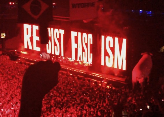 Photo of Roger Waters concert in Brazil with the words "Resist Fascism"