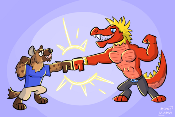 The muscular glasses hyena proudly and excitedly fist bumps the tall red buff maned crocodilian hero!
