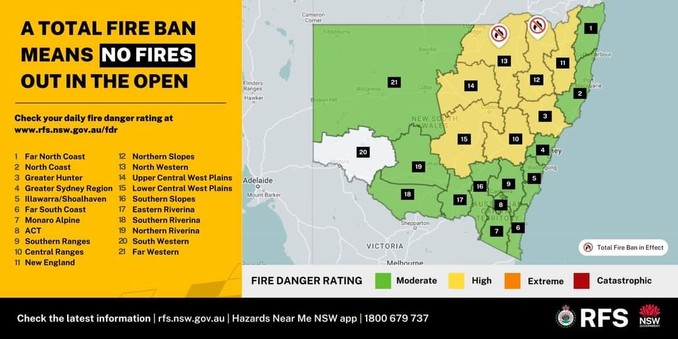 "a total fire ban means no fires in the open."
Map of NSW showing two areas of total fire ban in the north of thr state.