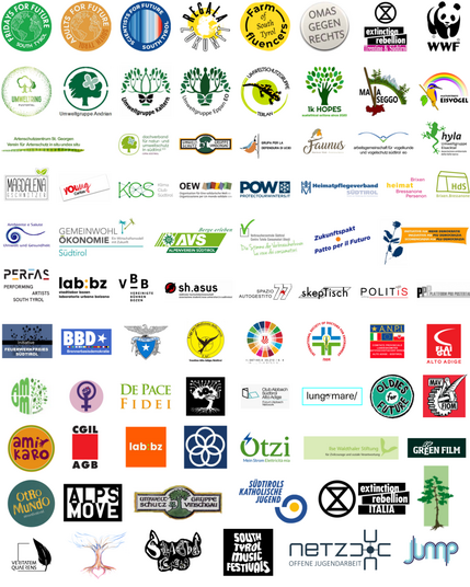 An overview of logos from over 60 associations and climate groups in South Tyrol, Italy.