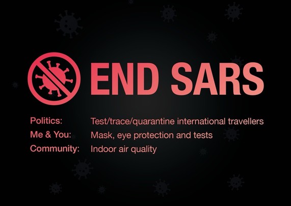 End SARS.
Politics: Test/trace/quarantine international travellers
Me & You: Mask, eye protection and tests
Community: Indoor air quality