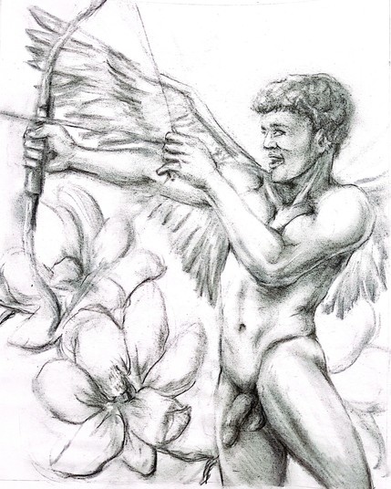 charcoal drawing of an muscular and angelic nude male, with wings outstretched. he's aiming a bow and arrow at an unseen target to the left. his expression is playfully impish