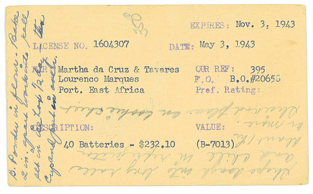 Color image of the back of a recipe card for "Butter Scotch Cookies", showing more of the recipe in longhand, plus ordering information from the requisition of batteries from a vendor by the US Army, May 3, 1943.