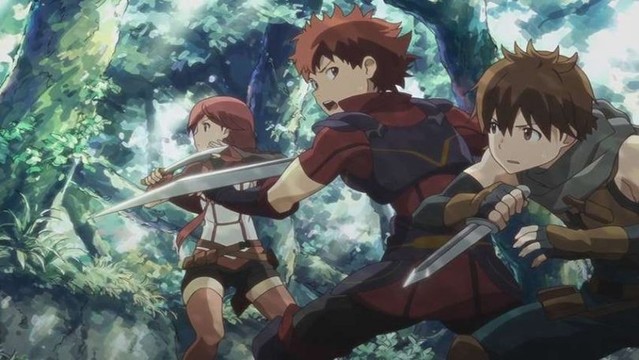 two male characters and a female one wearing fantasy / medieval clothing and armor, they are all holding knives, the trees and leaves of the forest are around them
