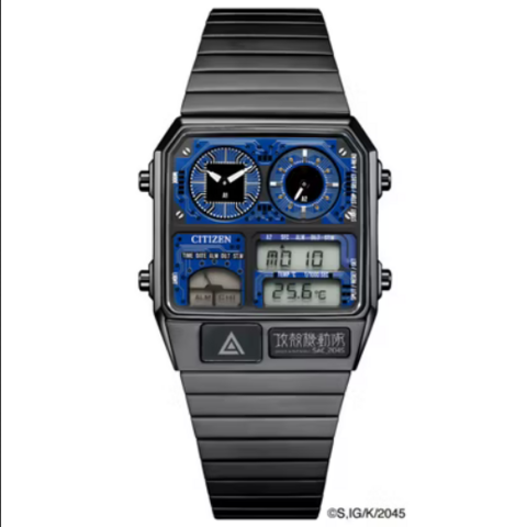 a wristwatch, a steel grey body and strap with a metallic blue face, a retro 1980s-1990s design, two dials at the top, three digital screens at the bottom