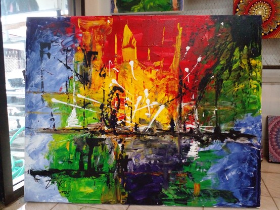 an abstract painting , a street scene, a bright light emanating in the background, lines of paint streaking through it, the buildings are yellow in some sections and blue and green in others, figures in black, different slender energy-type forms are throughout the piece