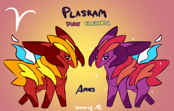 Plasram
Fire Electric goat
Aries
A pokemon-esque goat with large ears, spiky fur, and a blue flame on its back.