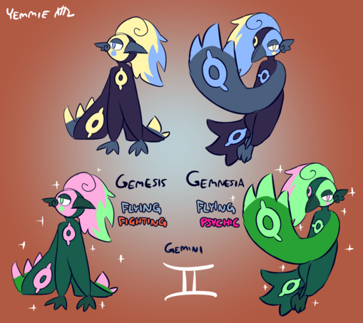 Gemesis 
Flying Fighting bird

Gemnesia
Flying Psychic bird

Gemini

These twin birds each have one wing and one eye on one side of their bodies, almost 2 halves of a whole. One uses it to fight, the other uses it for hypnosis.