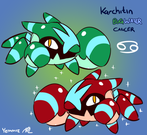 Karchitin
Bug Water crab
Cancer

this fakemon resembles a crab with horns and a star on its shell. Bioluminescent blue stripes.