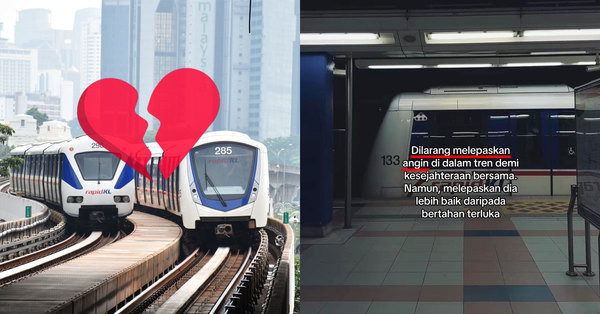 A grid of two images. / Image from the linked article.
On the left is a photo of two LRT Kelana Jaya Line trains on its track, with an emoji of broken heart superimposed on top.
On the right is the poster image in Malay that was posted on RapidKL's social media account, with a background of LRT Kelana Jaya Line train, and the foreground is a text in Malay reads "Dilarang melepaskan angin di dalam tren demi kesejahteraan bersama. Namun, melepaskan dia lebih baik daripada bertahan terluka.", when translated to English be "Not letting out farts on trains is an act of respect for the common welfare. However, letting one go is always better than holding onto them to avoid being hurt".