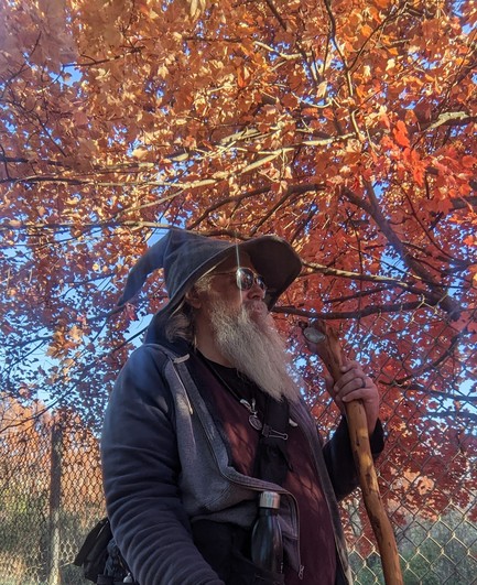 middle aged man with grey beard and gandalf style hat and staff stands staring into the distance