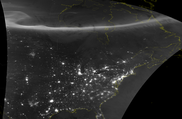 NOAA-20 VIIRS dynamic day-night band, taken at 0759 UTC on 15 November. A band of aurora is visible across much of Canada and numerous city lights can be seen across the eastern 2/3 of the United States.