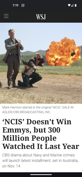 Wall Street Journal headline saying, "NCIS Doesn't Win Emmys, but 300 Million People Watched It Last Year"