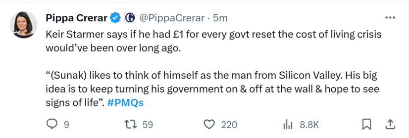 Tweet from Pippa Crerar @PippaCrerar reporting on PMQs:

'Keir Starmer says if he had Â£1 for every govt reset the cost of living crisis wouldâ€™ve been over long ago. 

â€œ(Sunak) likes to think of himself as the man from Silicon Valley. His big idea is to keep turning his government on & off at the wall & hope to see signs of lifeâ€�. #PMQs'