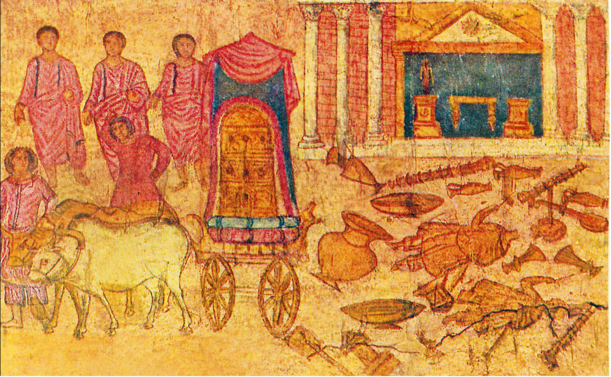 Color image, "Fresco of the Philistine captivity of the ark, in the Dura-Europos synagogue" located in modern-day Syria.