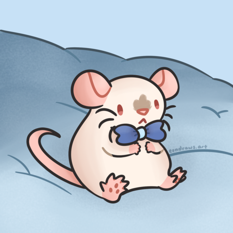 drawing of a dumbo-eared Siamese rat sitting on a blue blanket. he's wearing a bowtie and looking particularly cute. also, his name is Toast