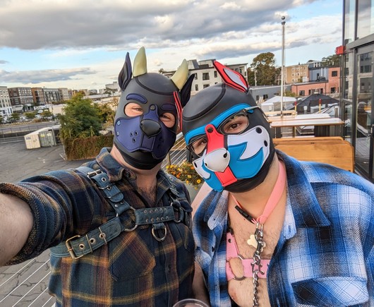 Pups Crow and Rio at an outdoor patio, heads nuzzled together to take a selfie. Crow is wearing pup hood, horns, and a harness over a flannel shirt, and Rio is wearing pup hood, pink harness under a flannel shirt with a collar with a leash attached.