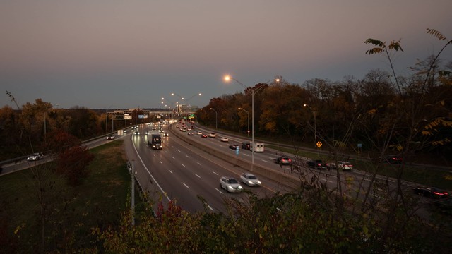 Interstate 71 as it cuts though Norwood in Cincinnati, Ohio at dusk