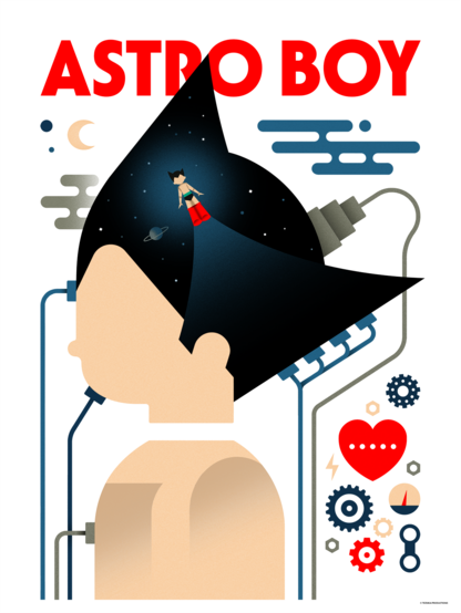 a minimalist illustration of astro boy, the robot boy, he is turned to the left side, wires attached to him, a moon above his head, a white background, in large simple blocky letters it says 'astro boy' in red at the top, in the lower left are gears, a meter symbol, and a heart symbol; inside his dark spikey hair is an image of a small astro boy flying in space
